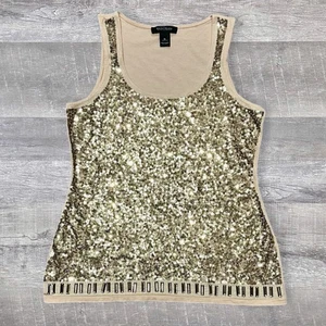 Camiseta sin mangas con lentejuelas doradas WHBM cuello redondo para mujer M bronceado elástico brillante - Imagen 1 de 5