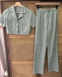 John Galt Green Plaid Gingham Button Down Crop Top And Pant Set One Size - Picture 1 of 15