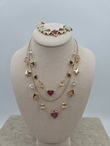 BETSEY JOHNSON 3 Strand Heart,Spades,Clover Necklace With Matching Bracelet  - Picture 1 of 8