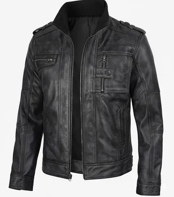 Jaqueta masculina estilo motociclista preta desgastada de couro real - Imagem 1 de 4