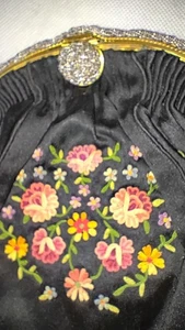 Antique Estate 1920’S Hand Done Petit Point Roses On Black Satin Evening Bag - Picture 1 of 24