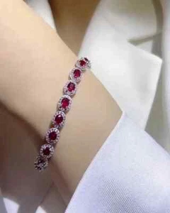 9Ct Oval Pink Ruby Lab-Created Women Tennis Bracelet 14K Wh Gold Plated 7.5" - Picture 1 of 5