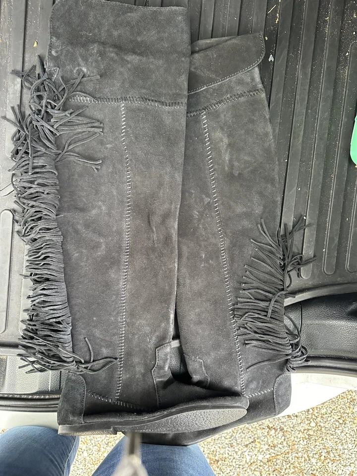Minnetonka Black Suede 3 Layer Fringe Boots Suede Leather Moccasins Mid Calf 9 - Image 1 of 1
