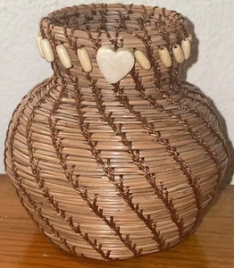 Woven Pine Needle & Carved Bone Beads Basket Alaska By Patricia Morrison 3.5” - Picture 1 of 5