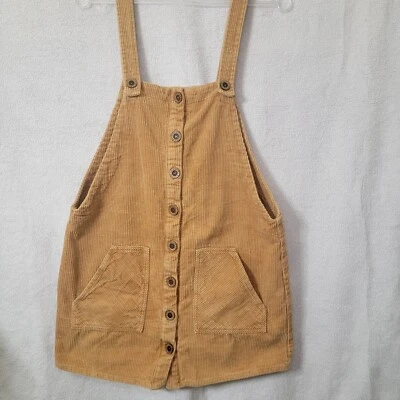 Forever 21 Corduroy Dress Mustard Sz L Overall Jumper Sleeveless Pockets Buttons - Image 1 of 4
