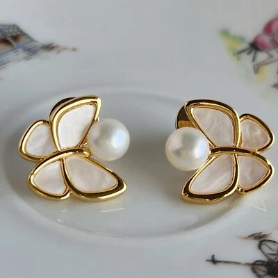 Aretes mariposa madreperla natural de 6,5 mm chapados en oro plata Foto 1 de 3