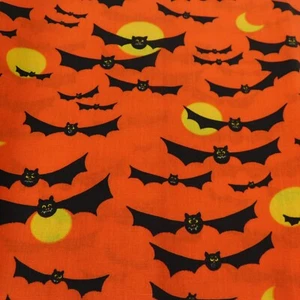 Halloween Fabric Cotton Orange Black Bats Yellow Moon 1/2 Yard x 45" Spooky Fun - Picture 1 of 4