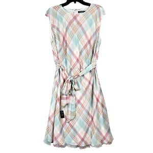 NWT $165 Lauren Ralph Lauren 18W Plaid Pink Blue Dress w/ Belt Spring Easter - Picture 1 of 14