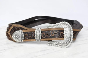 Tony Lama CHEYENNE CREEK Tooled Leather Rhinestone Belt Size 36 Style C50868 - Picture 1 of 5