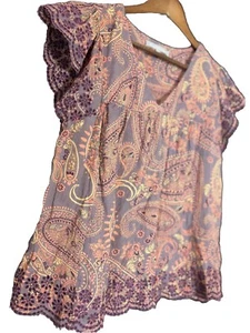 Daniel Rainn Top Eyelet Purple Paisley Design Boho Cottagecore Fairy PL - Picture 1 of 6