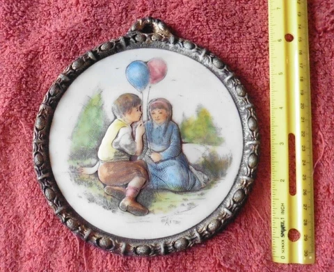 Vintage Artini Art Plaque Boy & Girl with balloons 4 Dimensional Twin Etched Cover
