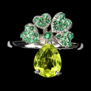 Summer 925 Silver Ring Pear Peridot 9x7mm Natural Gemstone Jewelry Sz 8 - Picture 1 of 9