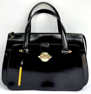 Bolso de mano de cuero Cromia vintage cartera bandolera Italia negro 11x14" Foto 1 de 4