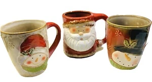 3 Christmas Coffee Mugs / Hot Chocolate Cups Santa Claus Snowmen Rustic Holiday - Picture 1 of 12