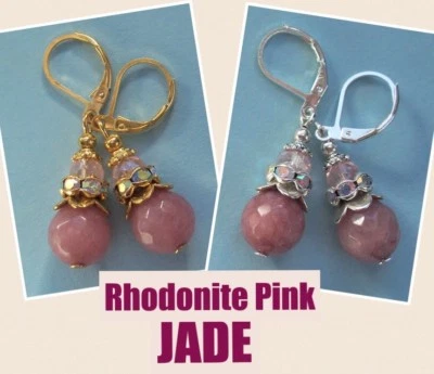 RHODONITE color PINK JADE drop earrings handcrafted CHOOSE XX - Image 1 of 4