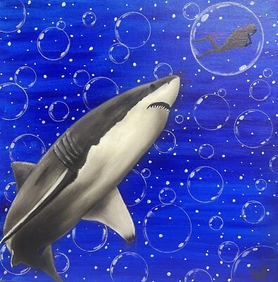 原版超现实主义绘画,饥饿大白 12x12 英寸丙烯酸帆布,签名,真品证明 — 第 1/4 张图片