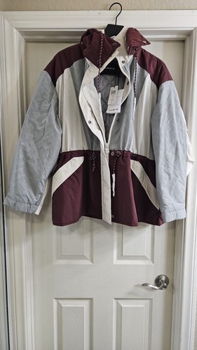 Giacca sci Coach donna grigio bianco marrone full zip con cappuccio C6549 taglia large nuova con etichetta