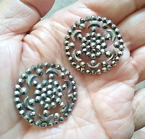 *2 Antique Marcasite Cut Steel Buttons Openwork  1 1/8" Sewing 1800s Pair Flower Cover