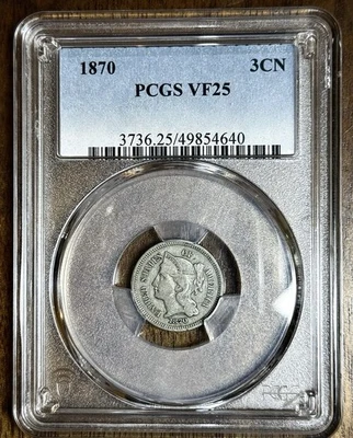 1870 Three 3 Cent Nickel 3CN- PCGS VF25  Classic Civil War Era Type Coin! - Image 1 of 4