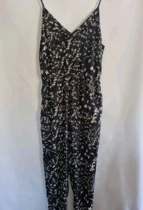 H&M Consious Thin Strappy Summer Trouser Jumpsuit Black Floral Size 14 - Picture 1 of 12