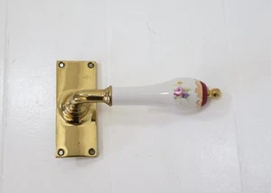 Vintage Brass Ceramic Door Handle Rose Design Pink Detail Cottage Floral - Picture 1 of 7