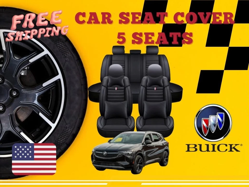 适用于所有 BUICK 汽车座椅套前/后 5 件衬垫舒适单色皮革黑色 — 第 1/4 张图片