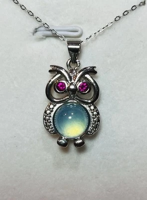 Colar cabochão azul água-marinha coruja pingente prata esterlina 925 - Imagem 1 de 4