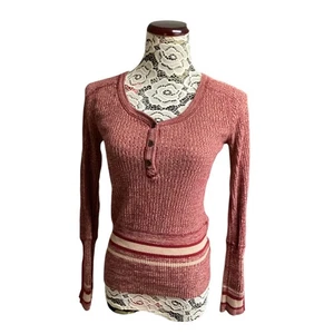 Free People We the Free Sock Monkey thermal knit crochet Henley top red sz L - Picture 1 of 7