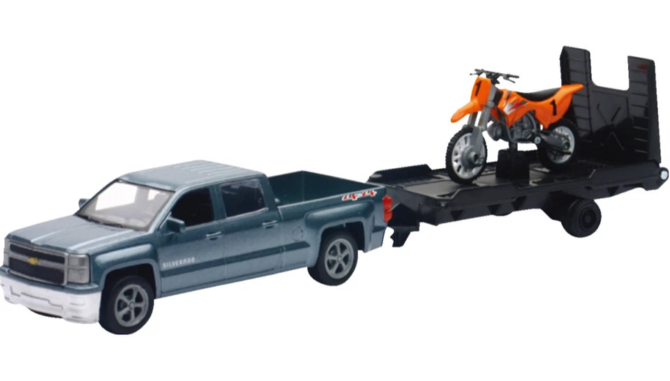 New Ray Toys Chevy Silverado Pickup w/ Orange Dirt Bike Trailer 1:43 Scale Model - Image 1 of 1