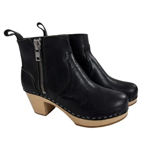 Swedish Hasbeens Zip It Emy Boots Womens EU 35 / US 5 Wooden Heel Clog Black - Picture 1 of 8