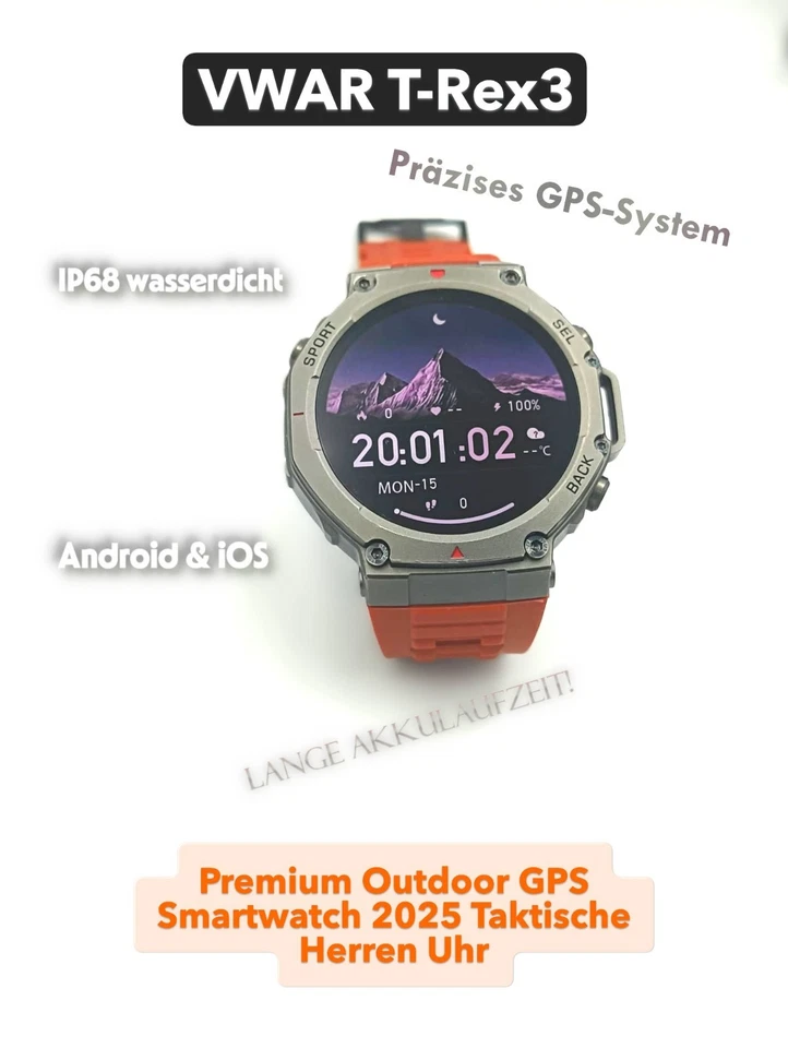 VWAR T-Rex3 Premium GPS Smartwatch 2025 – Taktische Herren Outdoor Uhr - Bild 1 von 4