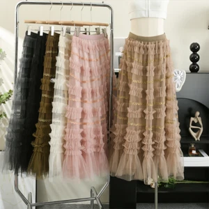 Women Ruffles Tiered Skirt Mesh Lace A-line Frill Layered Princess Pleated - Picture 1 of 20