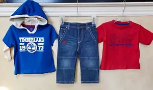 $59 NWT Timberland 3pc set Shirt Hoodie Jeans outfit 12 24 2T Cotton red blue - Picture 1 of 5