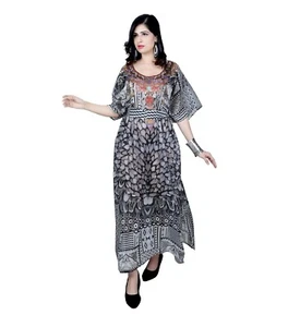 Retro Inspired black and white Feather Print Silk Blend Caftan Womens Kaftans - Picture 1 of 5