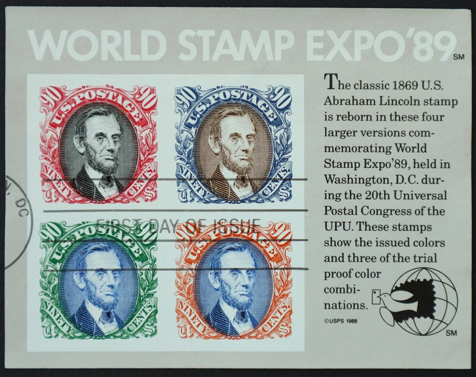 U.S. Used #2433 90c Lincoln World Stamp Expo ‘89 Sheet of 4. FDC. Scott: $14.00 - Image 1 of 1