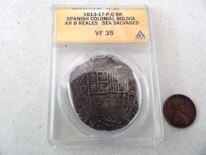 1613-17 Q BOLIVIA 8 REALES SHIPWRECK SILVER 8R COB COLONIAL COIN - Picture 1 of 13