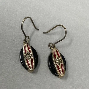 Onyx Sterling Silver Earrings 925 SU China Hook Red Enamel Ethnic Marcasite 1" - Picture 1 of 13