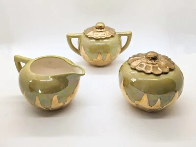 Juego de tarros de té, azúcar y crema dorada y brillo amarillo, vintage 3 piezas Foto 1 de 4