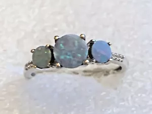 Anello tripletta opale masso australiano 1,26 CTW zircone taglia 8 platino su argento - Foto 1 di 5