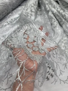 Silver sequin lace floral flowers on embroidered tree fabric sold by the yard  - Picture 1 of 11