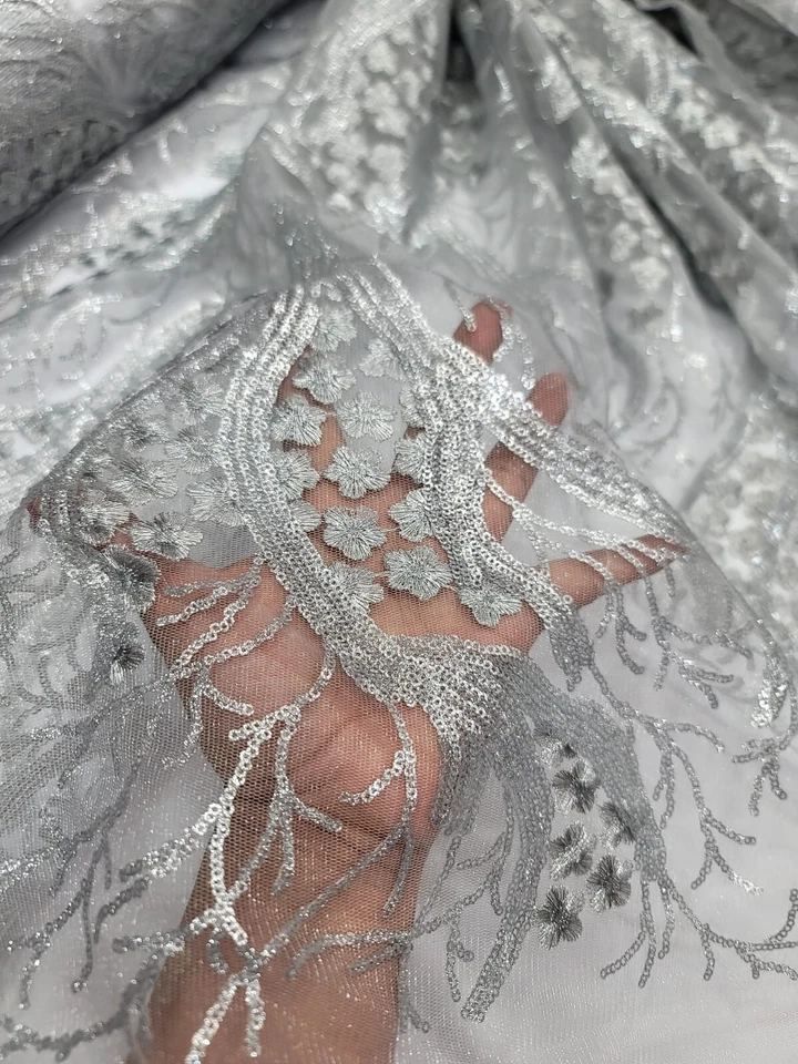 Silver sequin lace floral flowers on embroidered tree fabric sold by the yard  - Image 1 of 4