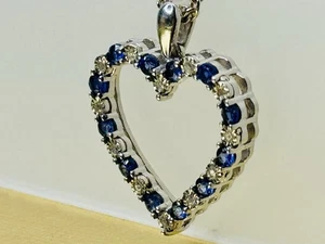 Sterling Silver 925 Heart Pendant Blue Sapphire & Diamond Accent Open Design 2g - Picture 1 of 10
