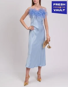 RRP €355 SLEEPER Satin Midi Slip Dress Size M Blue Ostrich Feathers Trim - Picture 1 of 6