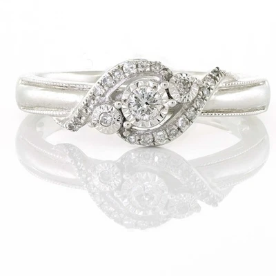 Accented Miracle Set 3Stone Swirl Milgrain Shank Diamond Engagement Ring Silver - Image 1 of 4