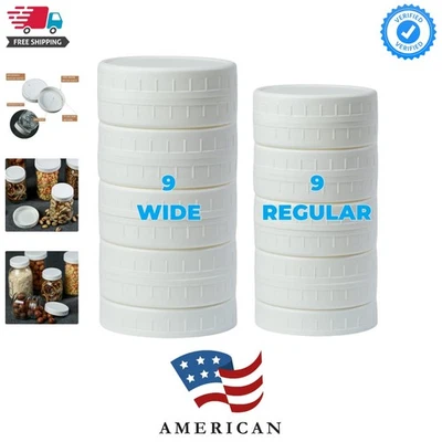 Paquete de 18 tapas de tarro de albañil de plástico blanco con anillos de silicona, 9 boca ancha y 9 reguladores Foto 1 de 4