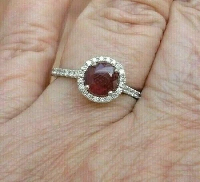 Natural Ruby And Diamonds Gemstone Halo Solitaire Ring in 14K White Gold - Image 1 of 4