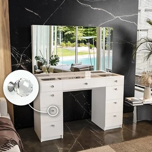 Vanity Makeup Table, Glass Top, Mirrors Cabinet, 9 Drawers, Crystal Ball Knobs - Picture 1 of 6