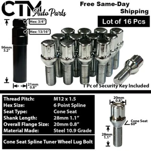 16x Chrome 12x1.5 Spline Tuner Lug Bolts Audi Volkswagen Smart Aftermarket Wheel - Picture 1 of 6