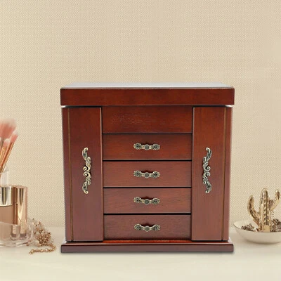 Vintage Wooden Jewelry Box Large Jewelry Box 5 Drawer Organizer & Mirror - Image 1 of 4