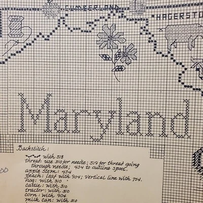 Sue Hillis Designs Maryland State Map Handwritten Cross Stitch Chart RARE Vtg 70 - Image 1 of 4